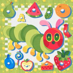 the very cute caterpillar is surrounded by many different foods and things to eat