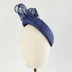 Navy Blue Sloped Beret Hat with Loops - Imogen's Imagination Luxury Navy Short Brim Hat, Blue Brimmed Evening Hats, Blue Curved Brim Evening Fascinator, Luxury Blue Curved Brim Fascinator, Navy Blue Pillbox Hat