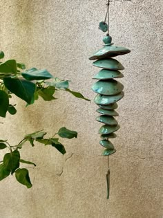 a wind chime hanging from a tree next to a plant with leaves on it