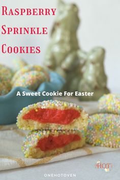 raspberry sprinkle cookies are stacked on top of each other with colorful sprinkles