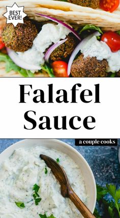 falafel sauce in a bowl with pita bread on the side