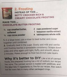 a recipe for making chocolate frosting with ingredients listed in the package and instructions on how to make it