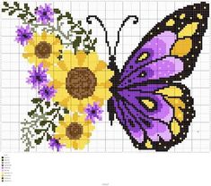 a cross stitch butterfly with sunflowers and daisies