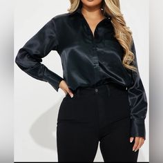 Satin Button Down Shirt, In Size S, With Long Sleeves, One Front Pocket And A Collar. Trendy Shirt For Night Out, Sleek Blouse With Button Closure For Night Out, Sleek Tops With Button Closure For Night Out, Sleek Button-up Tops For Fall, Sleek Fall Button-up Tops, Sleek Button-up Fall Tops, Sleek Button-up Blouse, Classic Long Sleeve Tops For Date Night, Long Sleeve Tops With Buttons For Night Out