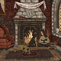 a painting of a woman sitting in front of a fire place with a dog next to her