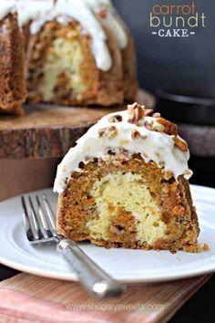 carrot bundt cake on a white plate with a fork