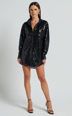 Cally Mini Dress - Oversized Shirt Dress in Black Sequin | Showpo USA Sequin Dress With Boots, Christmas Fashion Outfits, Satin Outfit, Girls Party Wear, Fashion Outfits Women, Classic Shirt Dress, Oversized Shirt Dress, Simple Black Dress, Dress Silhouette