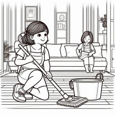 a girl cleaning the floor with a mop while another girl sits in the background