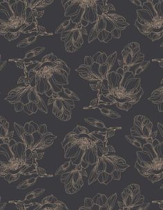 a black and white floral wallpaper with lots of flowers on the dark background,