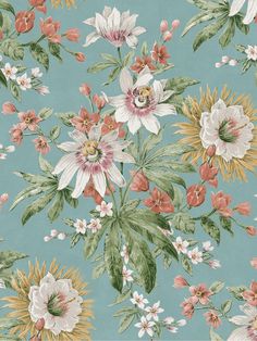 a floral wallpaper with many different colors and flowers on the blue background is shown