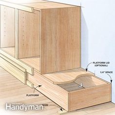 the drawer is open and labeled with instructions for how to put it in an unfinished cabinet