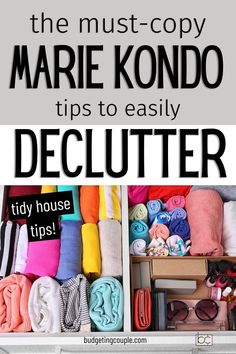 an open suitcase filled with clothes and other items that are labeled the must - copy marie kondo tips to easily declutter