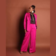 Introducing our "Sakura" Hot Pink Women's Pants Suit with Belt—a vibrant and stylish ensemble that stands out in the crowd. This suit features a captivating hot pink hue that exudes confidence and energy. The addition of a matching belt adds a trendy touch, allowing you to cinch the waist for a flattering fit. Step into the world of fashion with this eye-catching pants suit, perfect for making a bold and fashionable statement at any occasion. Embrace the beauty of hot pink and elevate your wardr Pink Outfit Black Women, Pink Pants Suit, Suit With Belt, Hot Pink Outfit, Color Magenta, Pantsuits For Women, Satin Pants, Pants Suit, Pink Pants