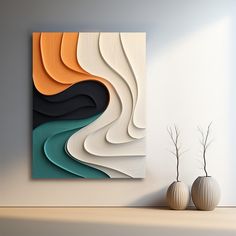 two vases are sitting on a shelf in front of a wall with an abstract painting