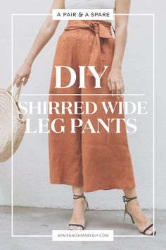 a woman standing in front of a white wall with the words diy shred wide leg