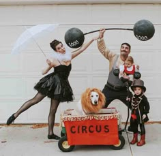 a group of people dressed up as circus performers