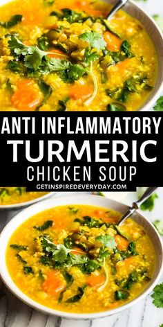 two bowls of turmeric chicken soup with cilantro and parsley