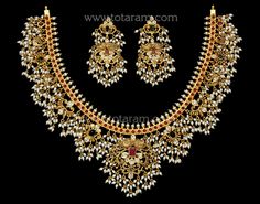 22 karat gold "guttapusalu - peacock" necklace & drop earrings set with cz , pearls & beads (temple jewellery)  - 235-GS3593 - in 128.700 Grams for USD $12,105.37 USD. 
Made in India by Totaram Jewelers Online this product is in Gold - 22 Karat BIS Hallmark 916 Gold  & is an excellent gift for Adult - Women. Ships fully insured with secured guaranteed delivery for free with your order over $250 from New Jersey USA & comes with 30 days exchange policy. 22k Gold Temple Jewelry Necklace With Polished Beads, Festive Hallmarked Gold-plated Temple Necklace, Festive Yellow Gold-plated Temple Necklace, 22k Gold Multi-stone Temple Jewelry Necklace, Festive Gold Dual-tone Temple Necklace, Gutta Pusalu, Peacock Necklace, Pearl Necklace Designs, Temple Jewellery