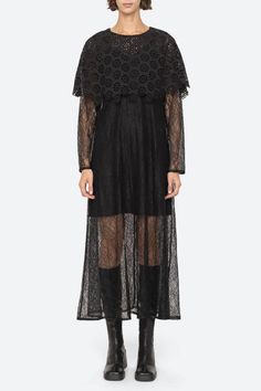 Shop the Vale Lace Dress in Black from Sea at Zane boutique in Portland, Maine Lace Capelet, Capelet Dress, Cotton Slip, Denim Outerwear, Long Sleeve Lace Dress, Bottom Clothes, Kids Sleepwear, Fit Style, Long Sleeve Lace