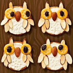 four cookies decorated to look like an owl