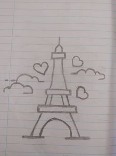 a drawing of the eiffel tower with hearts on it's side and clouds in the background