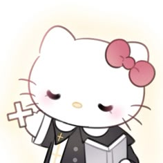 a hello kitty holding a book with a cross on it's neck and wearing a black outfit