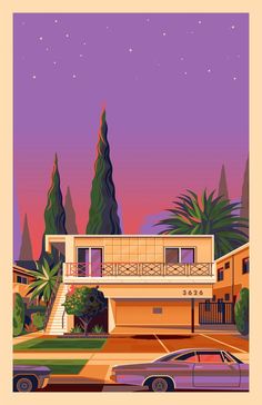 an art print of a house with cars parked in the driveway and trees around it