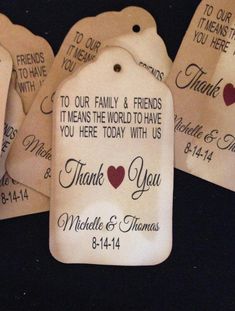 four tags with thank you and friends written on them are sitting next to each other