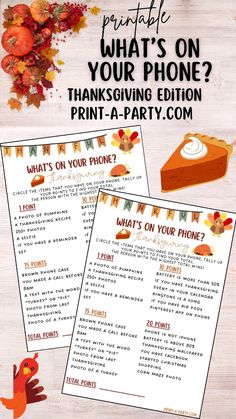 thanksgiving printables for kids and adults with the text what's on your phone?