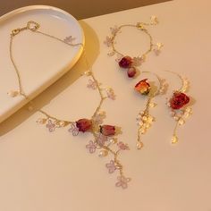 Product Details: Rose for you, you are a true beauty. Style: elegant, unique Material: Alloy, Acrylic & Pearls Dainty Pearl Necklace, Women Choker Necklace, Womens Chokers, Chic Bracelet, Pearl Jewelry Sets, Bracelet Earring Set, Christmas Gift Sets, Pearl Collection, Rose Jewelry