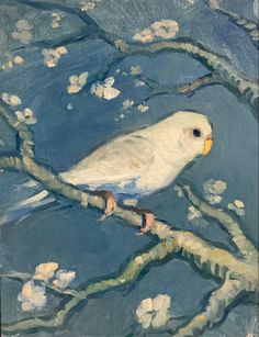 a painting of a white bird perched on a tree branch with flowers in the background