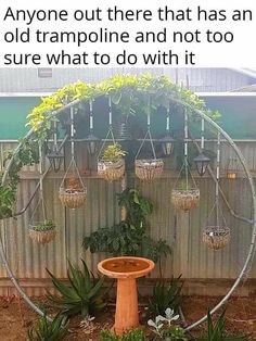 a bird bath surrounded by potted plants and hanging planters on the side of a fence