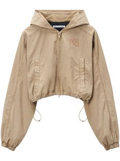 beige logo print at the chest front zip fastening classic hood drop shoulder two side welt pockets long sleeves elasticated cuffs cropped elasticated hem Airport Fashion, T By Alexander Wang, Light Wash Denim, Ballet Flat Shoes, Zip Jacket, Crop Jacket, Active Wear Tops, Top Shoes, Welt Pockets