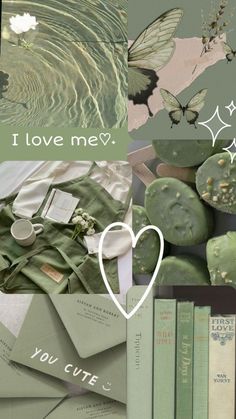 the collage is filled with green and white items including books, cards, and flowers