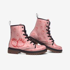 Strawberry Boots Strawberry Pink Vegan Leather Combat Boots Strawberries Pattern Pink Shoes Rubber sole Faux Leather Padded collar for added comfort Lace-up front Wide Fit PROCESSING : -Your Boots are made to order, meaning we print them special just for you when your order is placed. Please allow 4 - 7 business days for us to print your Boots. -The average shipping time is 7 - 20 business days depending on the delivery destination. Cute Leather Boots For Fall, Casual Pink Flat Heel Boots, Cute High-top Leather Boots, Cute Leather Boots For Winter, Cute Leather Boots For Spring, Cute Leather Closed Toe Boots, Casual Pink Boots With Round Toe, Cute Leather Winter Boots, Cute Pink Leather Boots