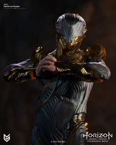 a stylized image of a man in gold and silver armor with his hands on his chest