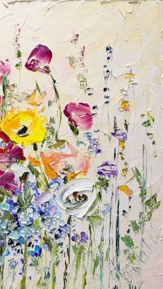 an abstract painting of flowers on a white background