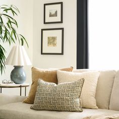 a living room filled with lots of furniture and a potted plant on top of a table