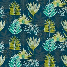 a green and yellow floral pattern on a dark blue background, with lots of leaves