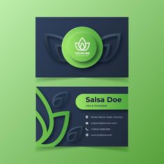 two business cards with green leaves on the front and back, one for salsa doe