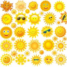 a bunch of yellow sun faces on a white background