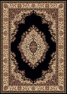 a black and white rug with an ornate design