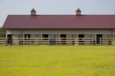 a horse is standing in front of a barn with its doors open and it's fenced in