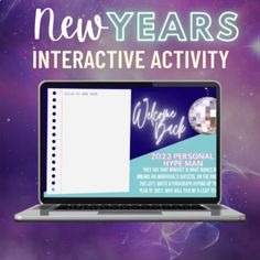 an open laptop computer sitting on top of a purple and blue background with the words new years interactive activity