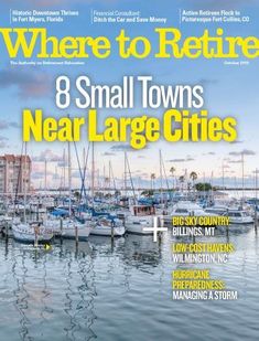 a magazine cover with boats in the water and buildings on the other side of it