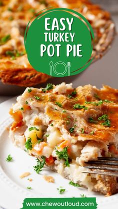 an easy turkey pot pie on a plate with a fork