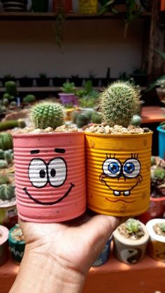 two pots with faces painted on them in front of cactuses and succulents