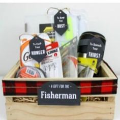 a wooden box filled with fishing gear and other items