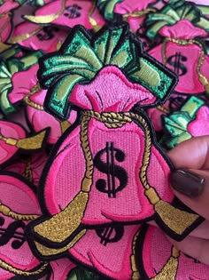 This is a iron on patch 3 1/2 inch in size. DO NOT COPY💕 Iron On Patches Ideas, Iron On Patches Ideas Clothes, Pink Money Bag, Personal Tattoos, Custom Iron On Patches, Pink Money, Tufting Rug, Patches On Clothes, Locker Hooking