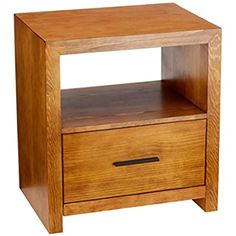 a wooden night stand with two drawers on one side and an open drawer on the other